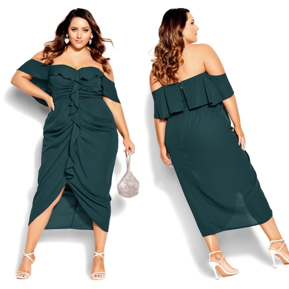 NWT CITY CHIC Emerald Green RUFFLE Off The Shoulder RUCHED Va Va Voom DRESS 14 - Picture 1 of 16